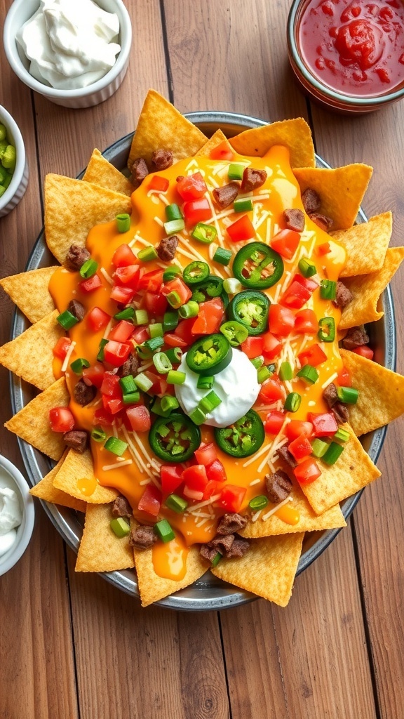 A colorful plate of nachos with cheese, jalapeños, tomatoes, and green onions, served with sour cream and guacamole.